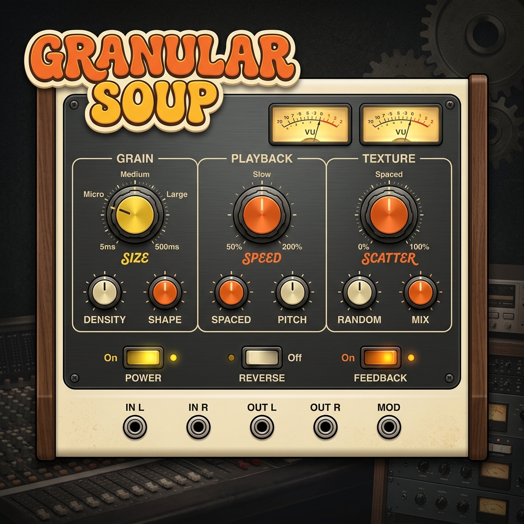 Graphical user interface of the Granular Soup plugin: Bubbly retro logo, controls for Grain Size, Playback Speed, and Scatter, dual VU meters